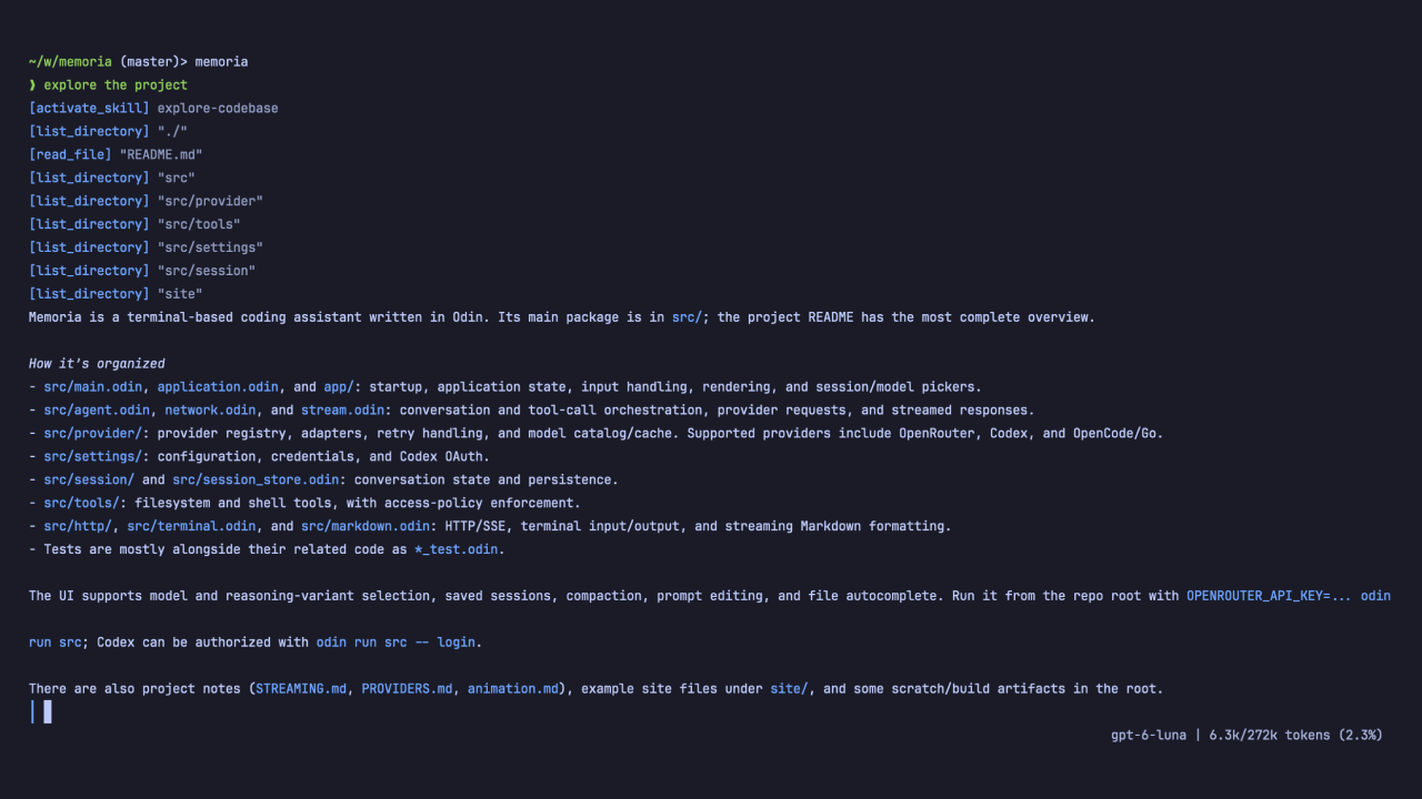 Memoria terminal showing a project overview and source tree